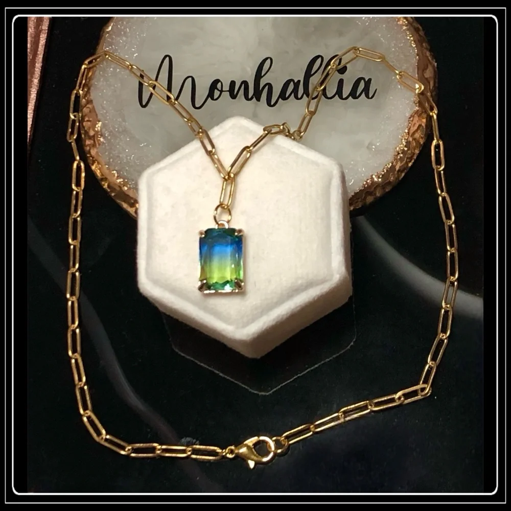 14k Gold Steel Emerald Cut Ombre Square Blue Topaz Tourmaline Paperclip Necklace - Picture 4 of 5